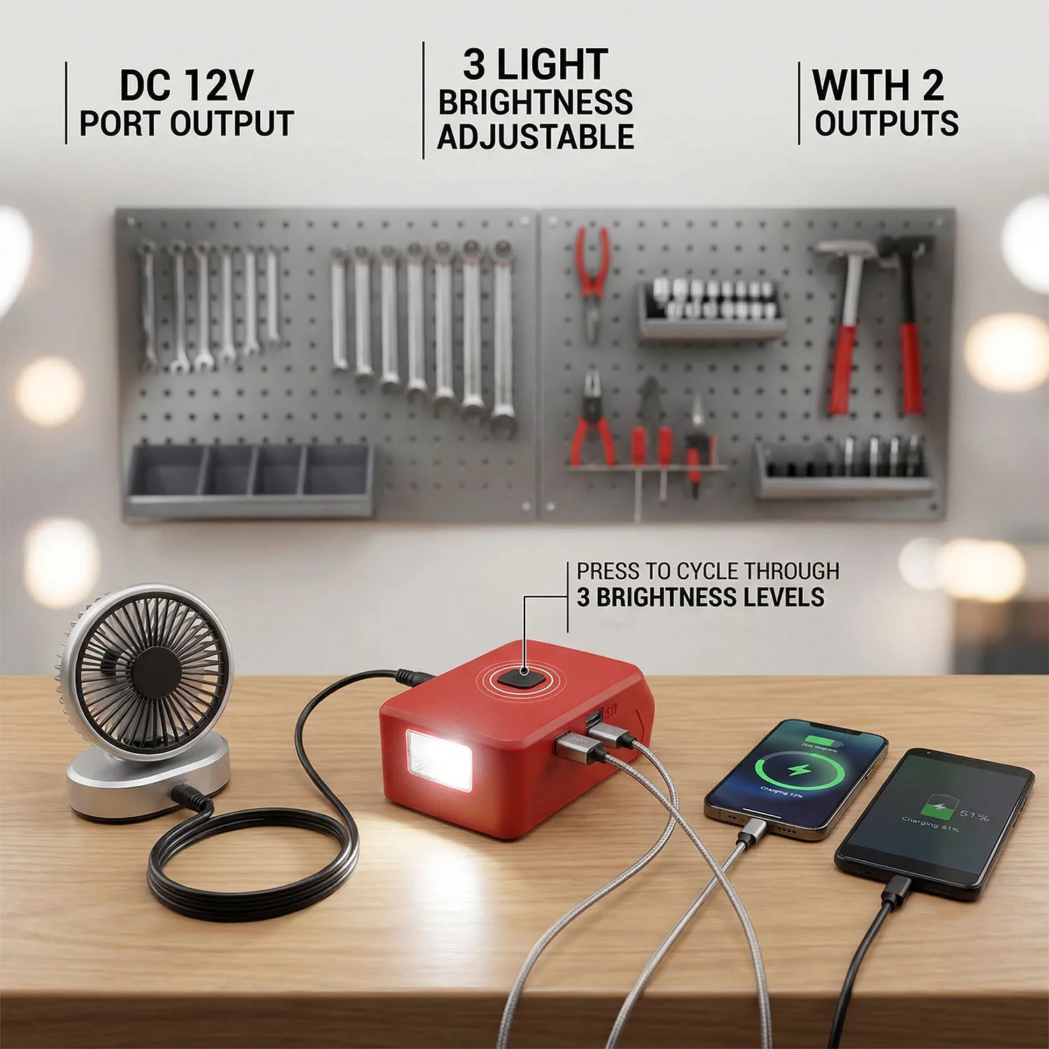 Outdoor Power Hub - 充電式LED投光器、Power X Change 18Vバッテリー対応、USB充電ハブと12Vインターフェース付き、屋外作業や修理に最適