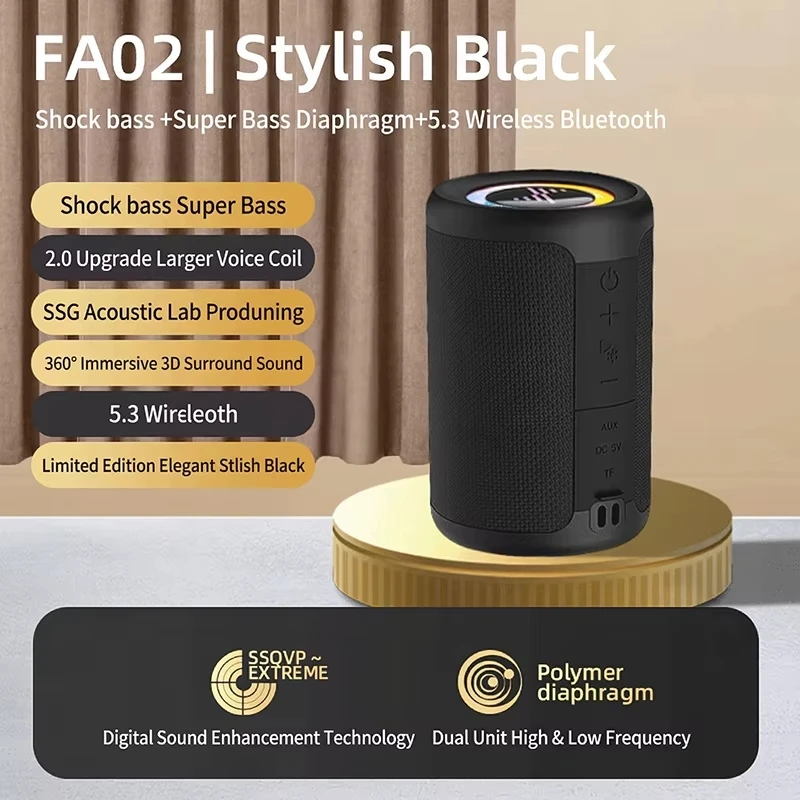 Outdoor Power Jack - FA02 スピーカー：小型で持ち運び可能なステレオワイヤレスBluetooth 5.3スピーカー。屋外や家庭での使用に最適。Type-C充電、AUX入力、TFカード入力に対応。ライト付き。