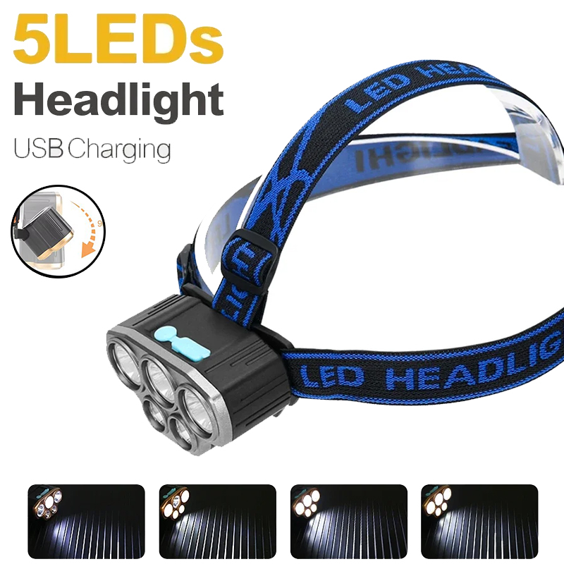 充電式 5 LED ヘッドライト超高輝度強力防水ヘッド懐中電 - Outdoor Power Head のレビューと価格