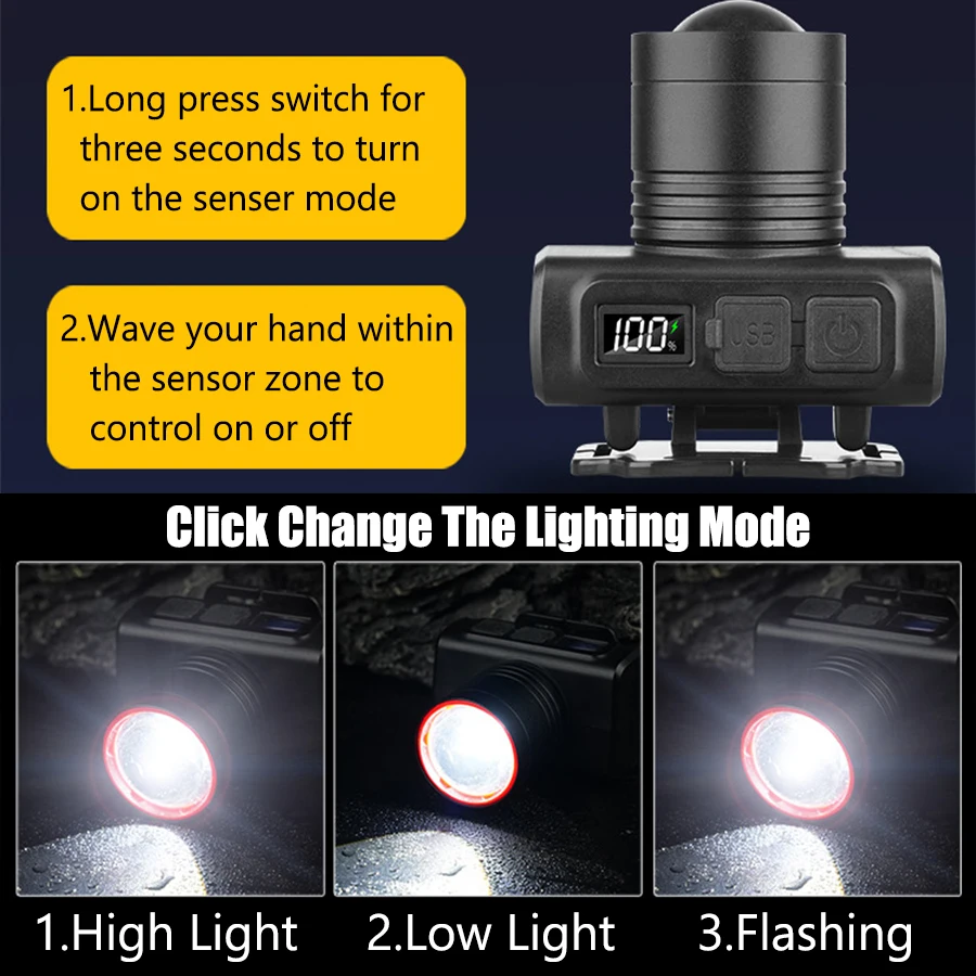 KDULIT 誘導 LED ヘッドランプ USB 充電式ズー - Outdoor Power Head のレビューと価格