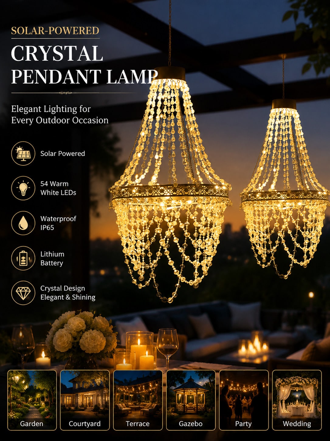 屋外用装飾ソーラークリスタルシャンデリア1個。白色LEDライ - Outdoor Power For Gazebo のレビューと価格